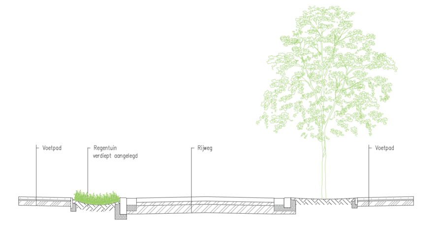 Dwarsdoorsnede van de nieuwe woonstraat Sterrenlaan met links de regenton en lichte glooiing